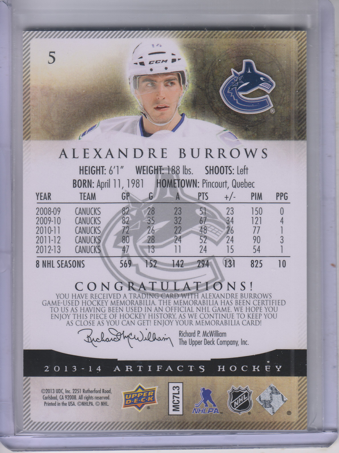 2013-14 Artifacts Jerseys #5 Alexandre Burrows back image