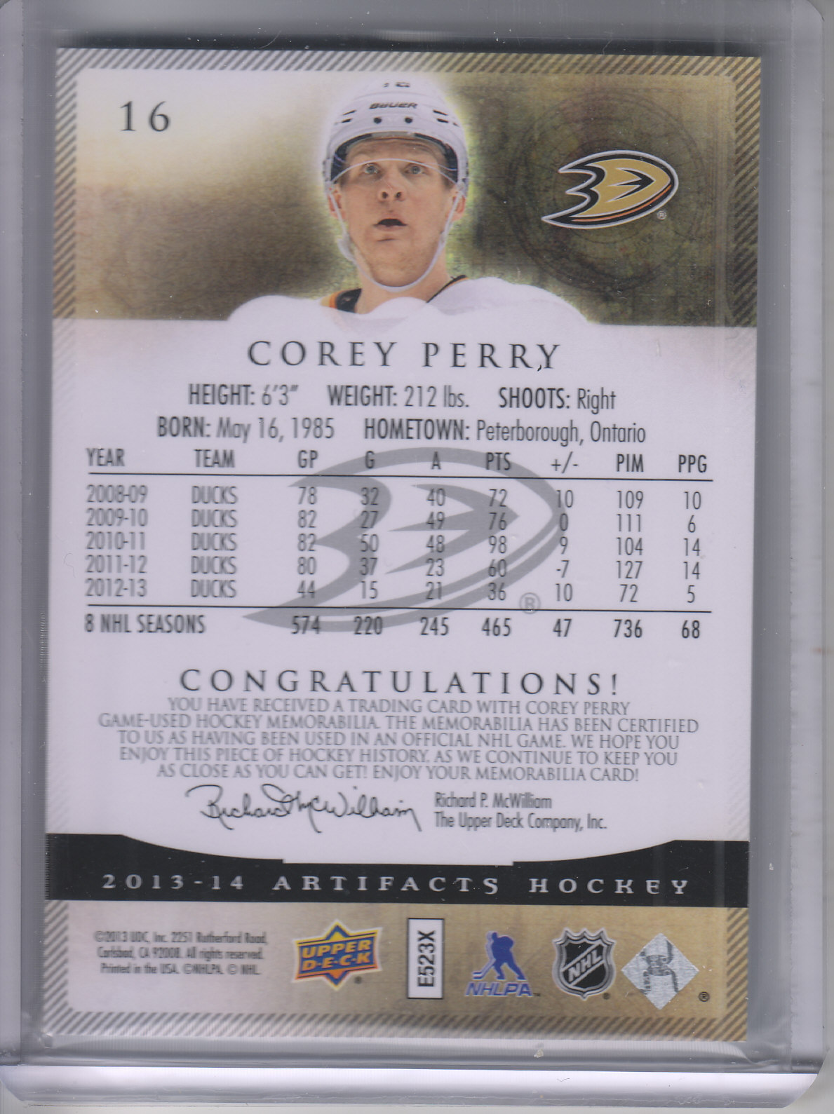 2013-14 Artifacts Jerseys Patch Emerald #16 Corey Perry back image