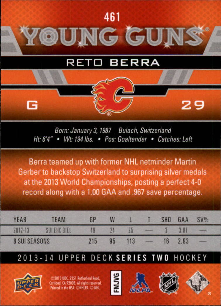 2013-14 Upper Deck #461 Reto Berra YG RC back image