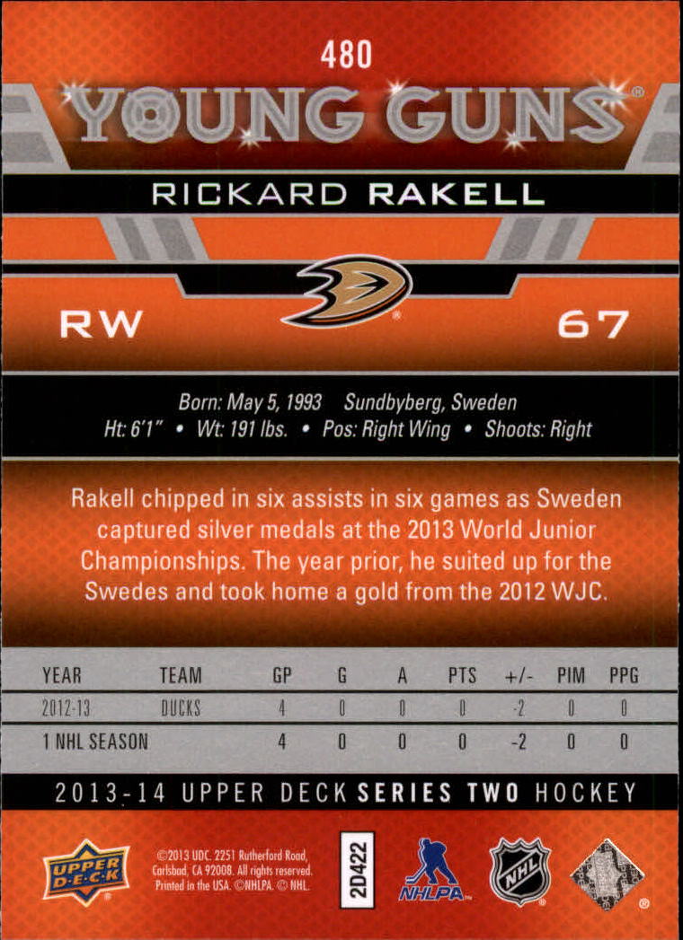 2013-14 Upper Deck #480 Rickard Rakell YG RC back image