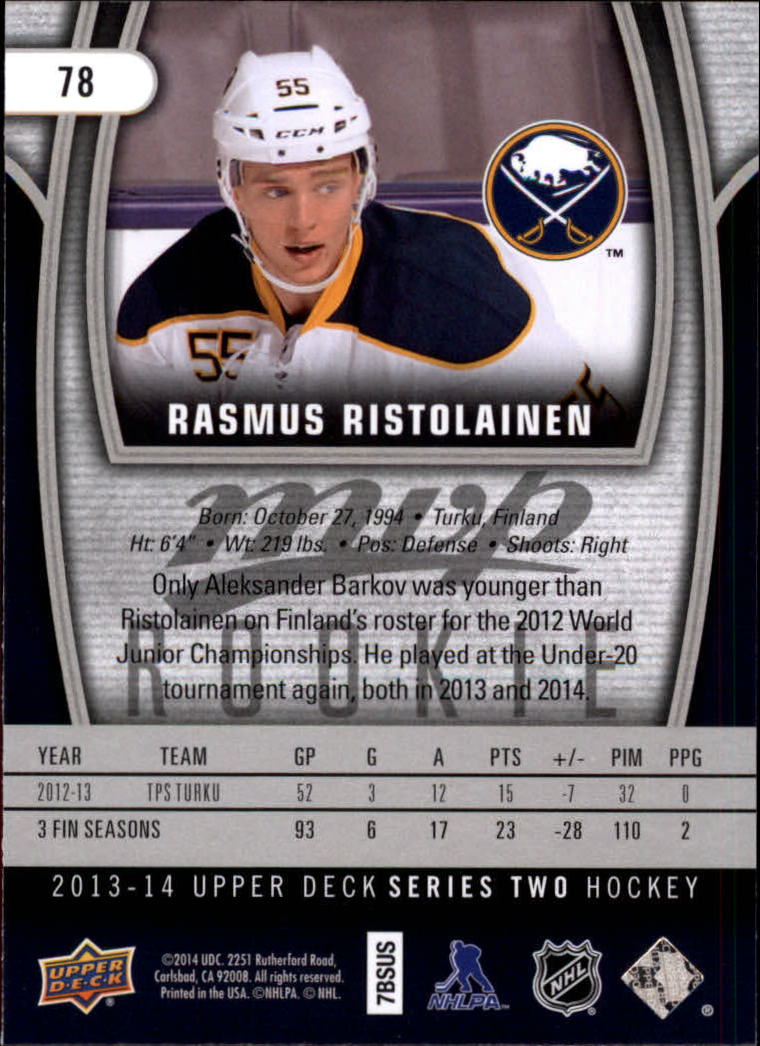 2013-14 Upper Deck MVP #78 Rasmus Ristolainen RC back image