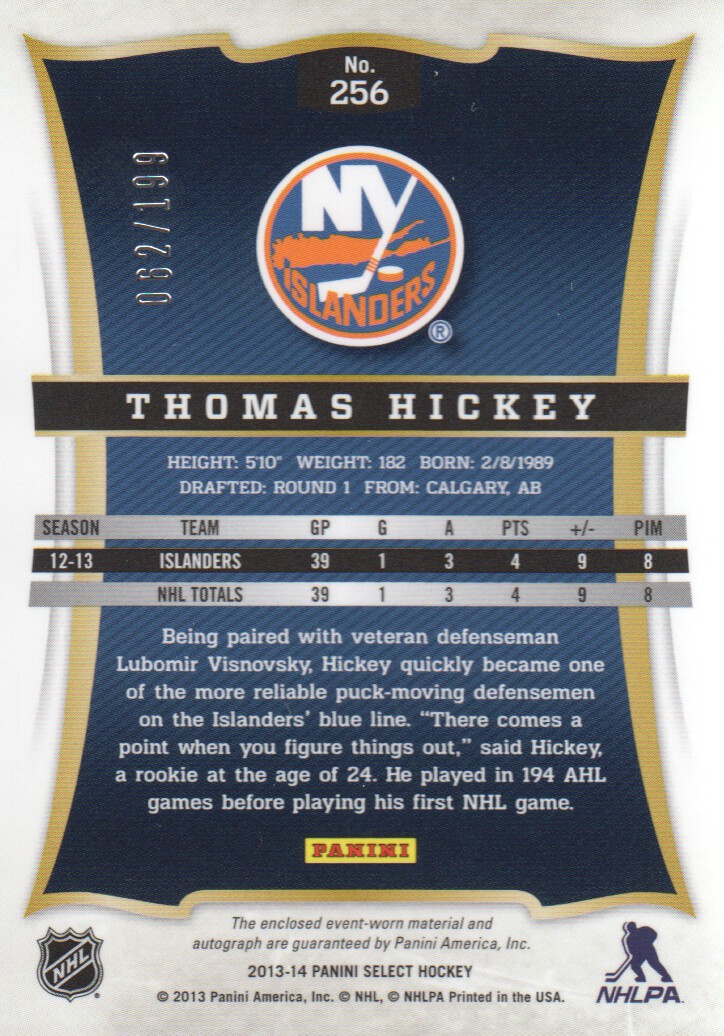 2013-14 Select Rookies Jersey Autographs #256 Thomas Hickey/199 back image