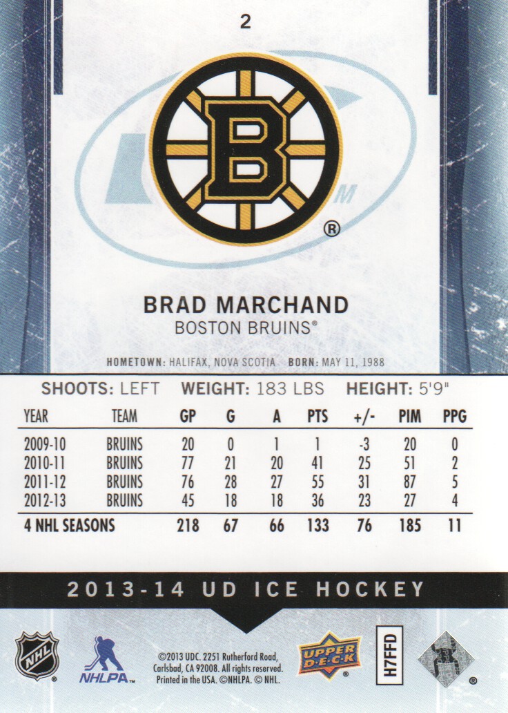 2013-14 Upper Deck Ice #2 Brad Marchand back image