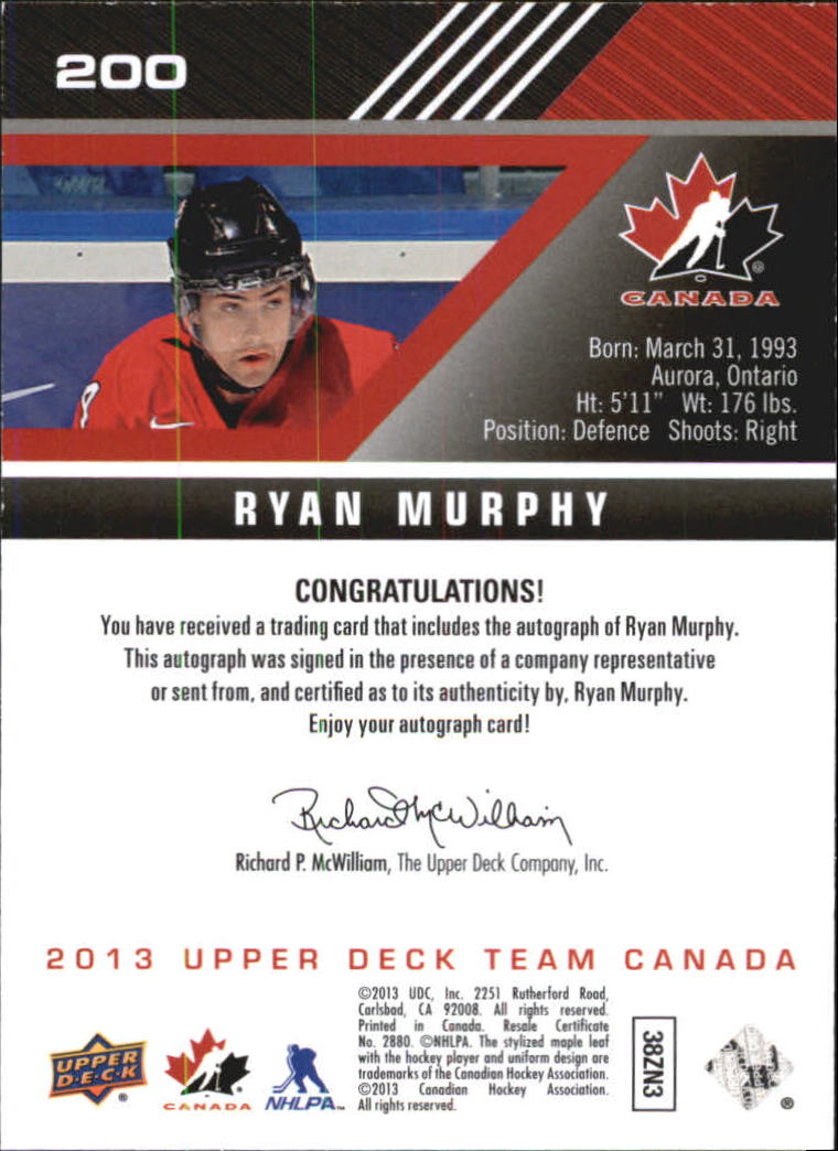 2013-14 Upper Deck Team Canada Autographs #200 Ryan Murphy I back image