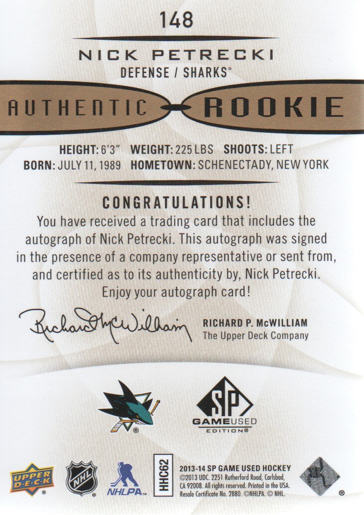 2013-14 SP Game Used Gold Autographs #148 Nick Petrecki D back image