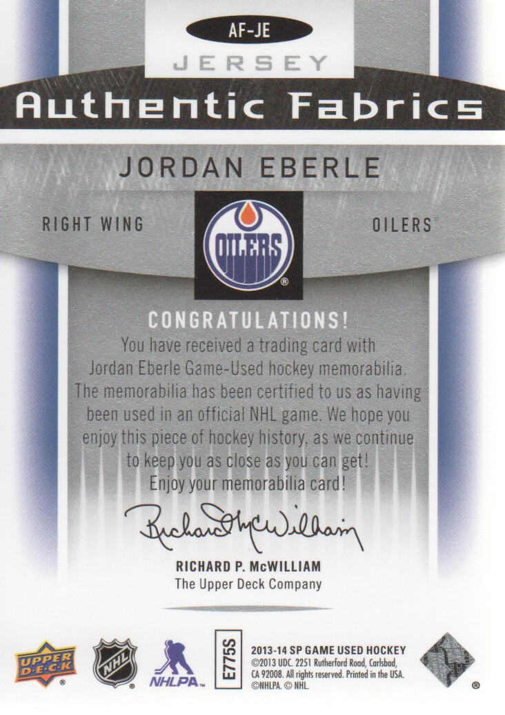 2013-14 SP Game Used Authentic Fabrics #AFJE Jordan Eberle D