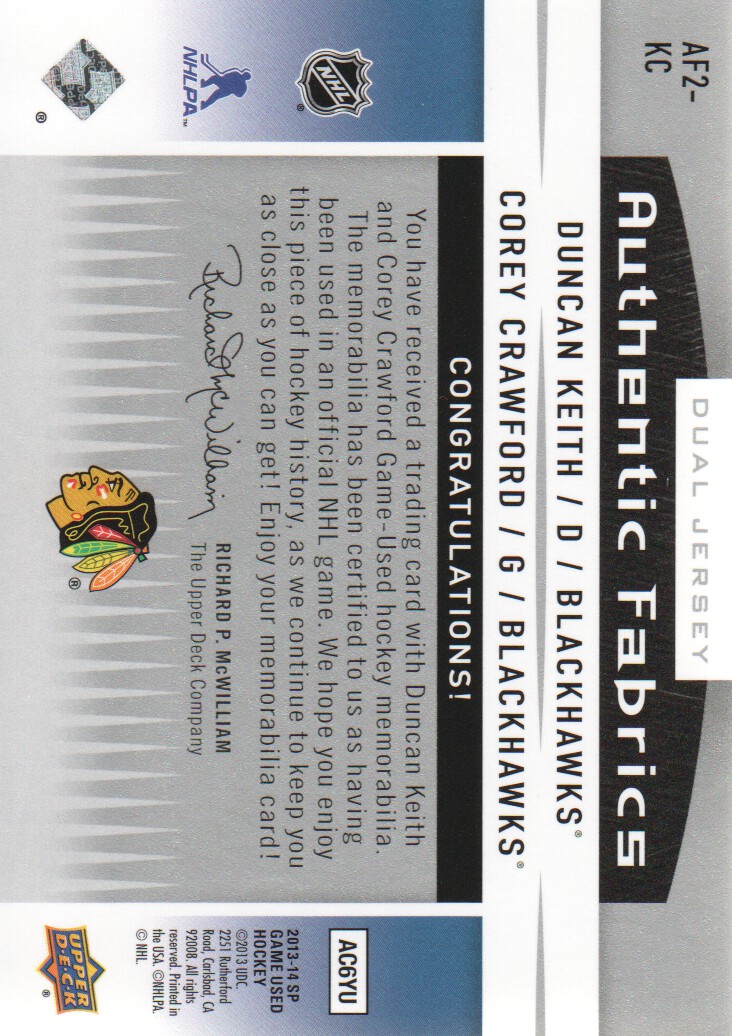 2013-14 SP Game Used Authentic Fabrics Dual #AF2KC Duncan Keith/Corey Crawford D back image