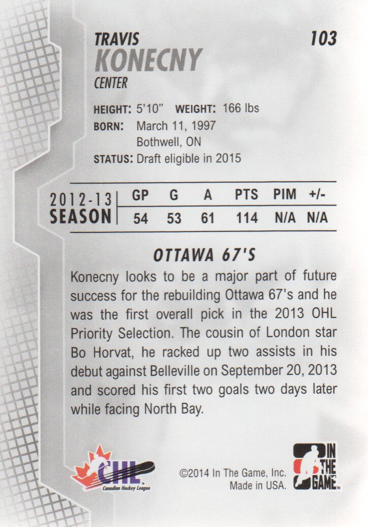 2013-14 ITG Heroes and Prospects #103 Travis Konecny OHL back image