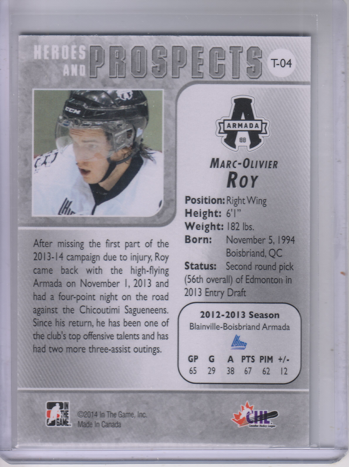 2013-14 ITG Heroes and Prospects Tenth Anniversary Tribute #T04 Marc-Olivier Roy back image