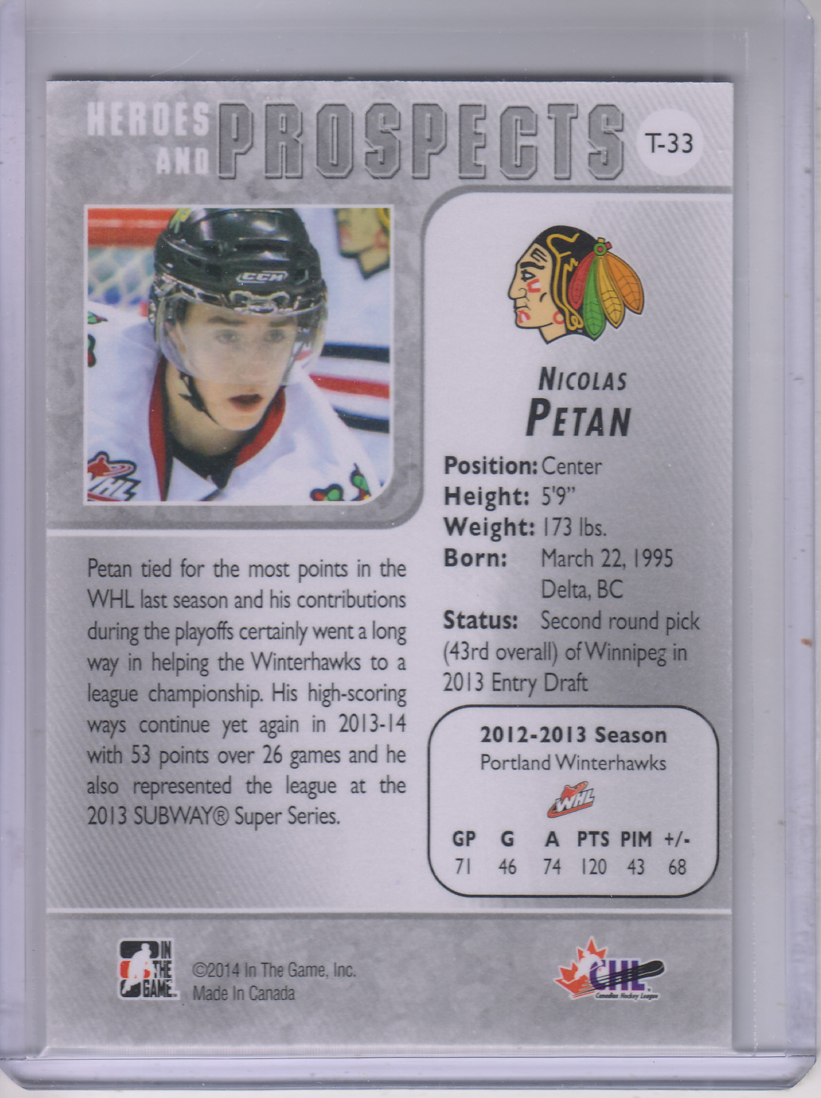 2013-14 ITG Heroes and Prospects Tenth Anniversary Tribute #T33 Nicolas Petan back image