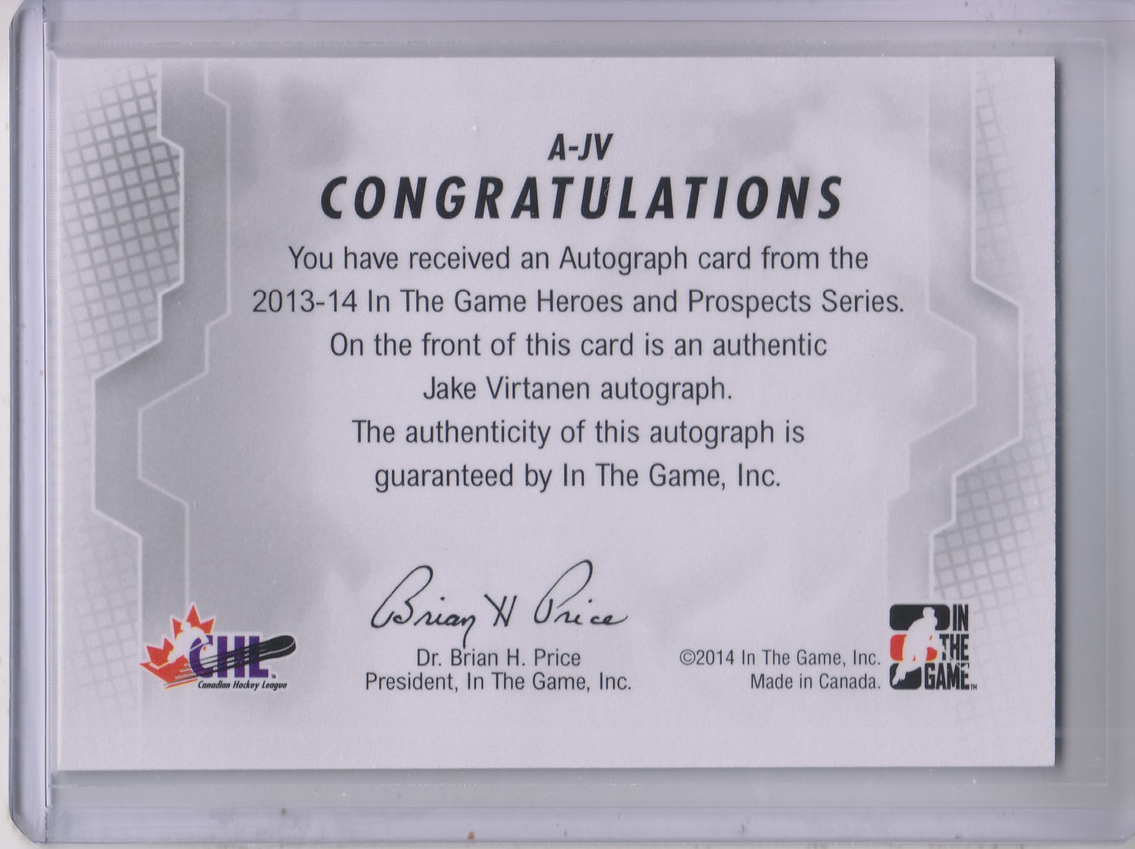 2013-14 ITG Heroes and Prospects Autographs #AJV Jake Virtanen back image
