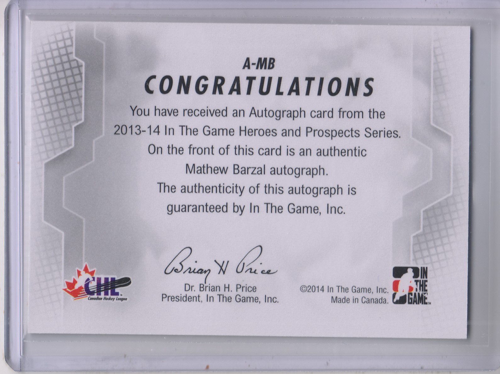 2013-14 ITG Heroes and Prospects Autographs #AMB Mathew Barzal back image