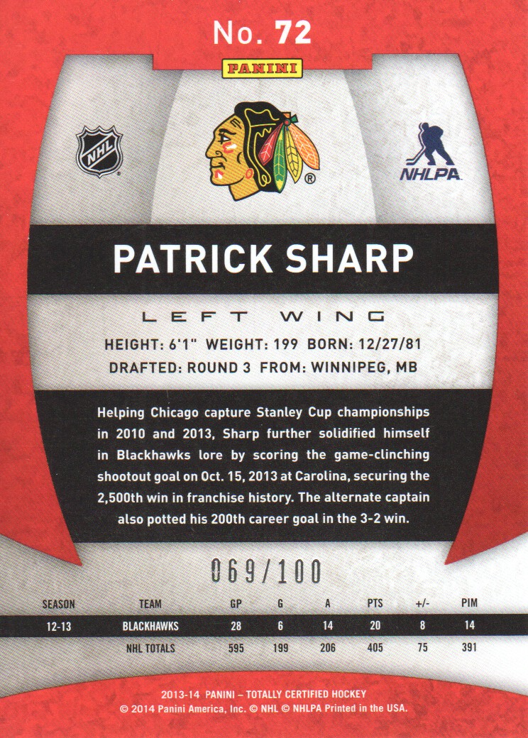 2013-14 Totally Certified Platinum Red #72 Patrick Sharp back image