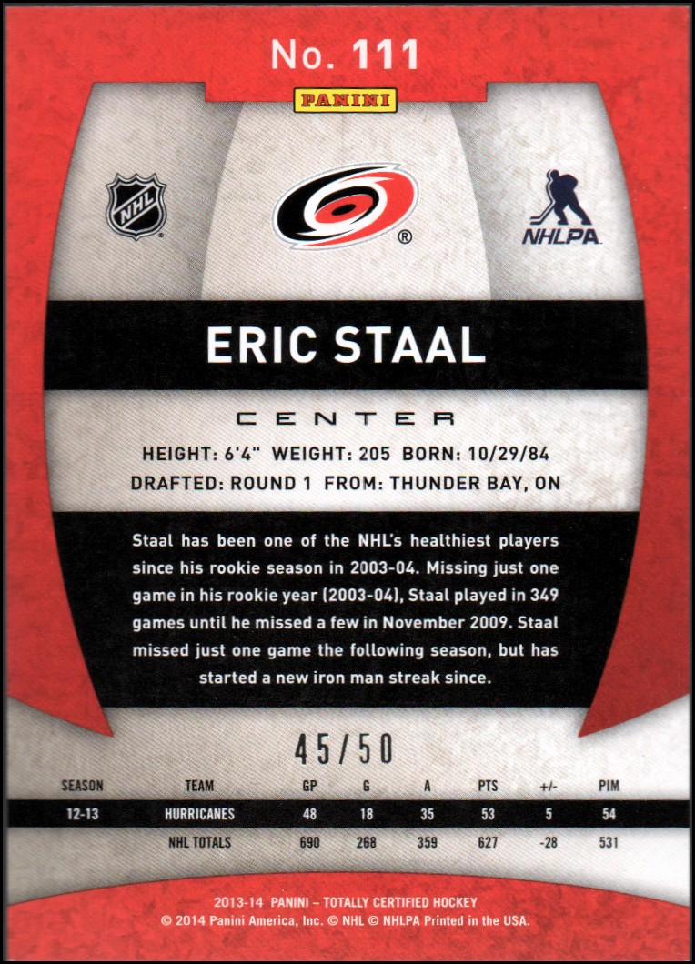 2013-14 Totally Certified Platinum Blue #111 Eric Staal back image