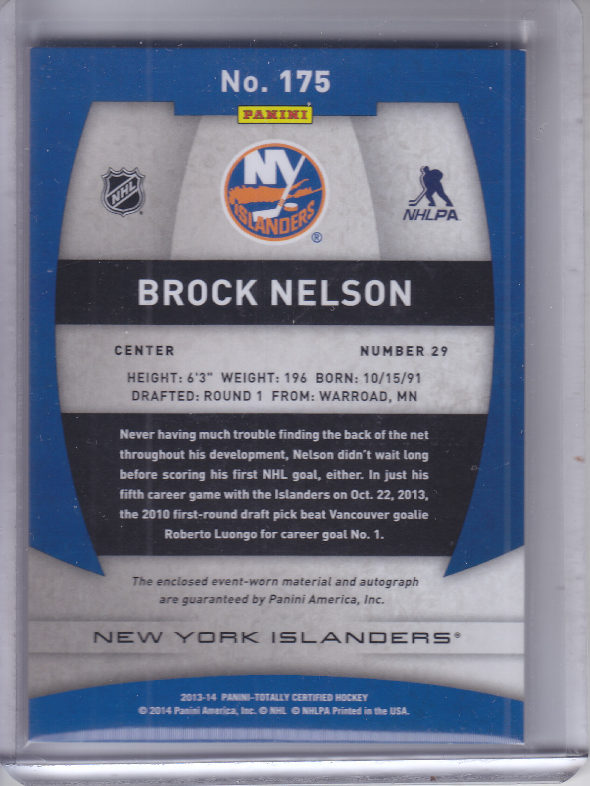 2013-14 Totally Certified Rookie Autograph Jerseys #175 Brock Nelson/250 back image