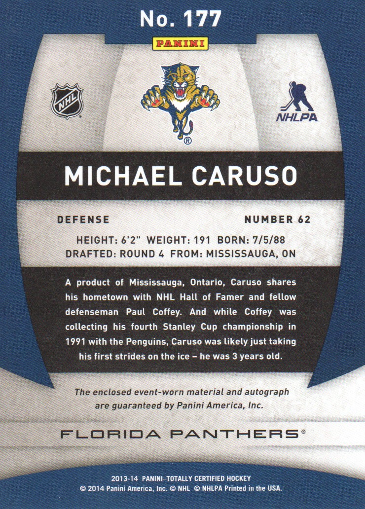 2013-14 Totally Certified Rookie Autograph Jerseys #177 Michael Caruso/250 back image