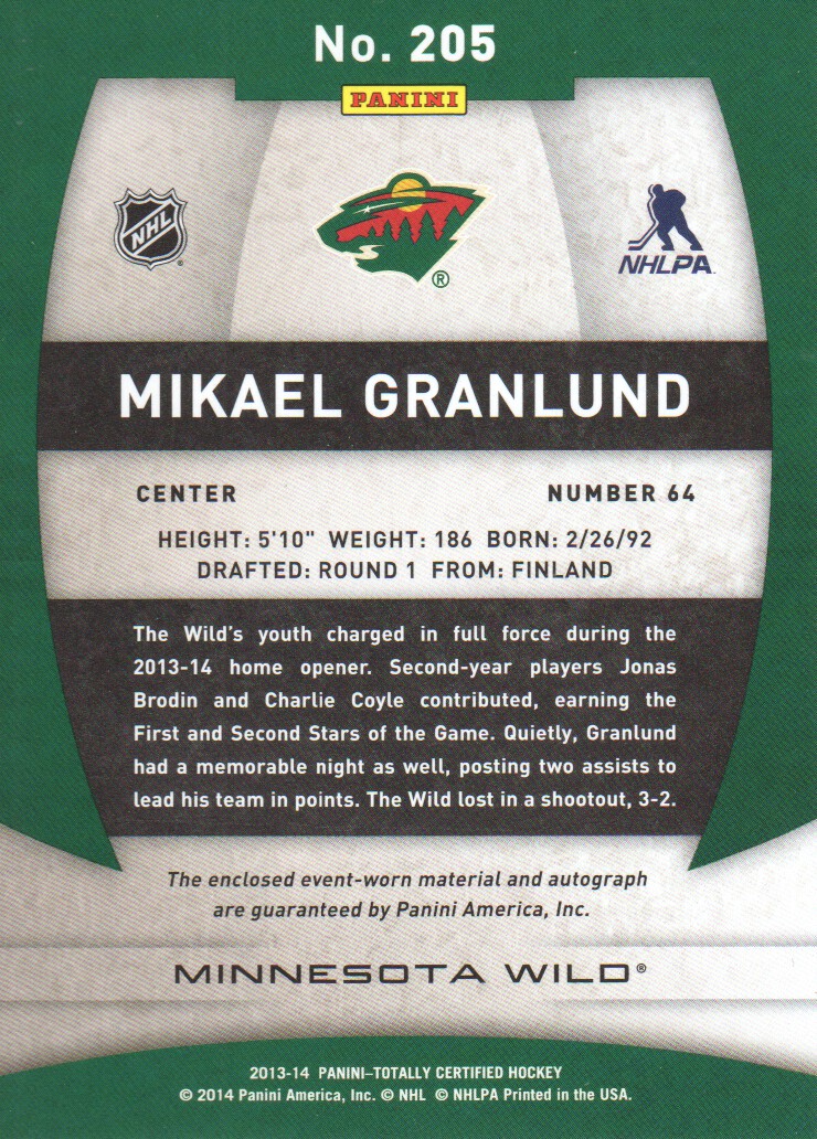 2013-14 Totally Certified Rookie Autograph Jerseys #205 Mikael Granlund/250 back image