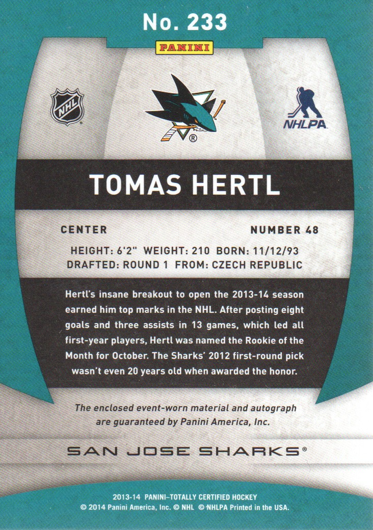 2013-14 Totally Certified Rookie Autograph Jerseys #233 Tomas Hertl/250 back image