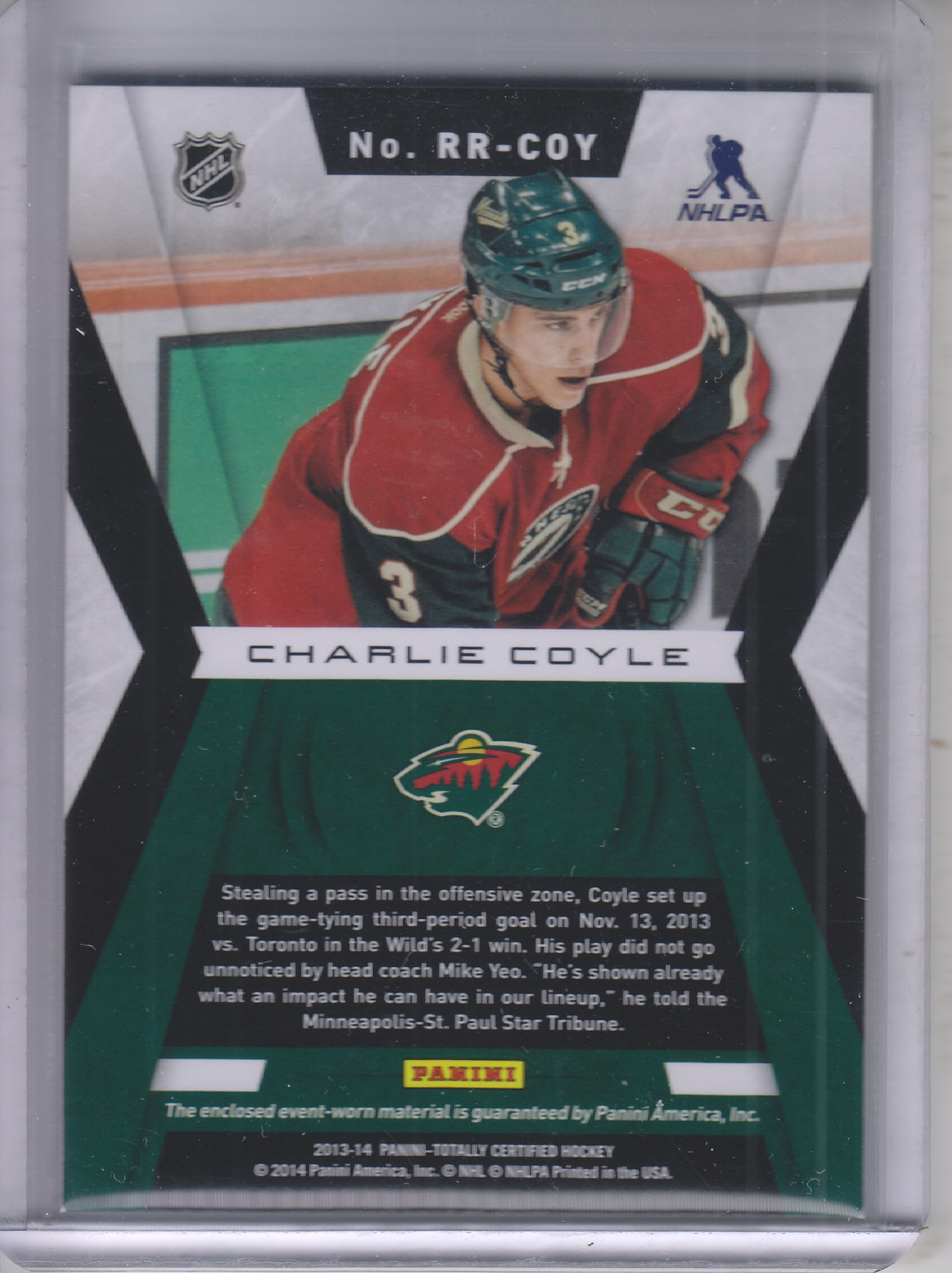 2013-14 Totally Certified Rookie Roll Call Jerseys Red #RRCOY Charlie Coyle back image