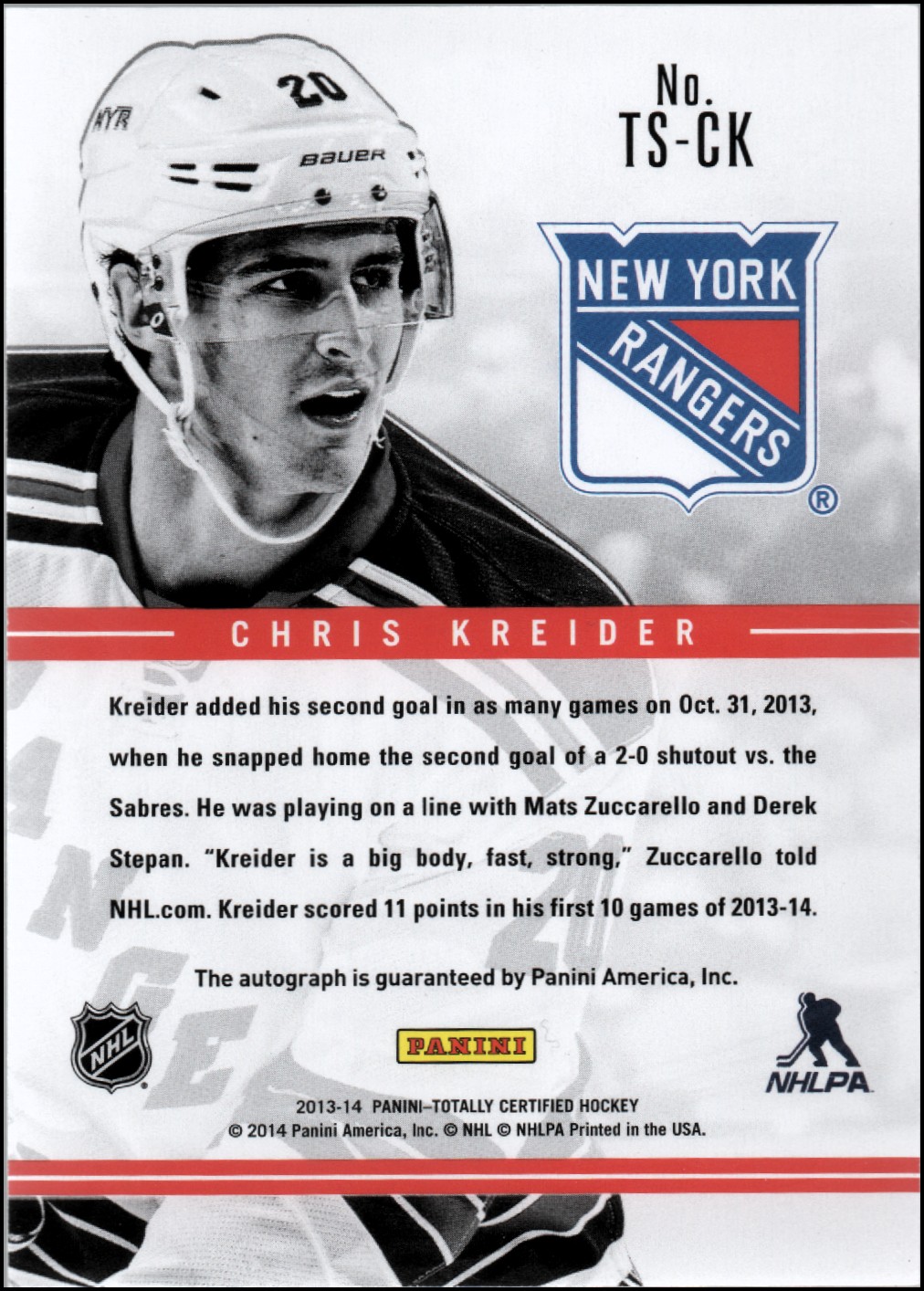 2013-14 Totally Certified Signatures #TSCK Chris Kreider back image
