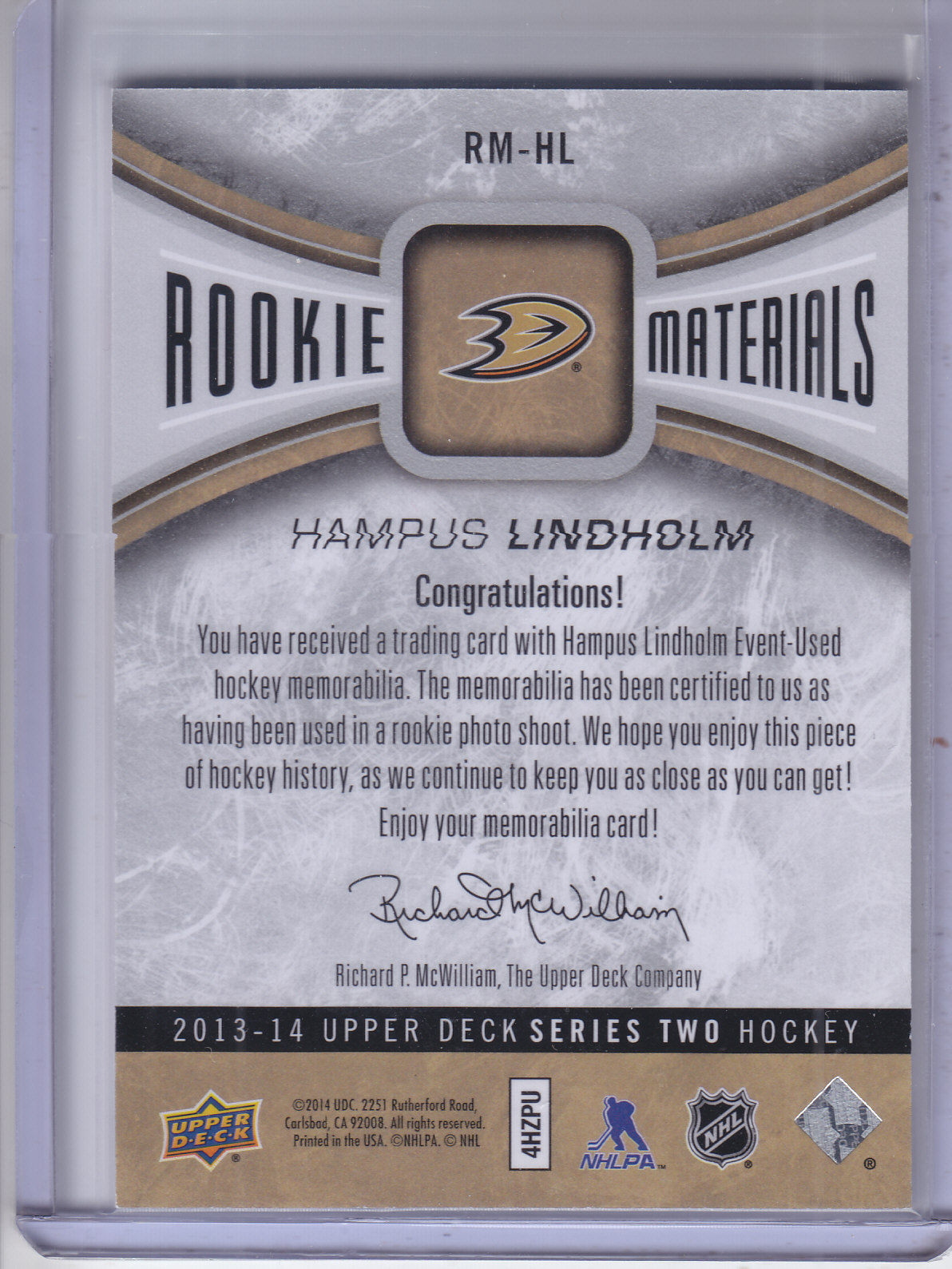 2013-14 Upper Deck Rookie Materials #RMHL Hampus Lindholm C back image
