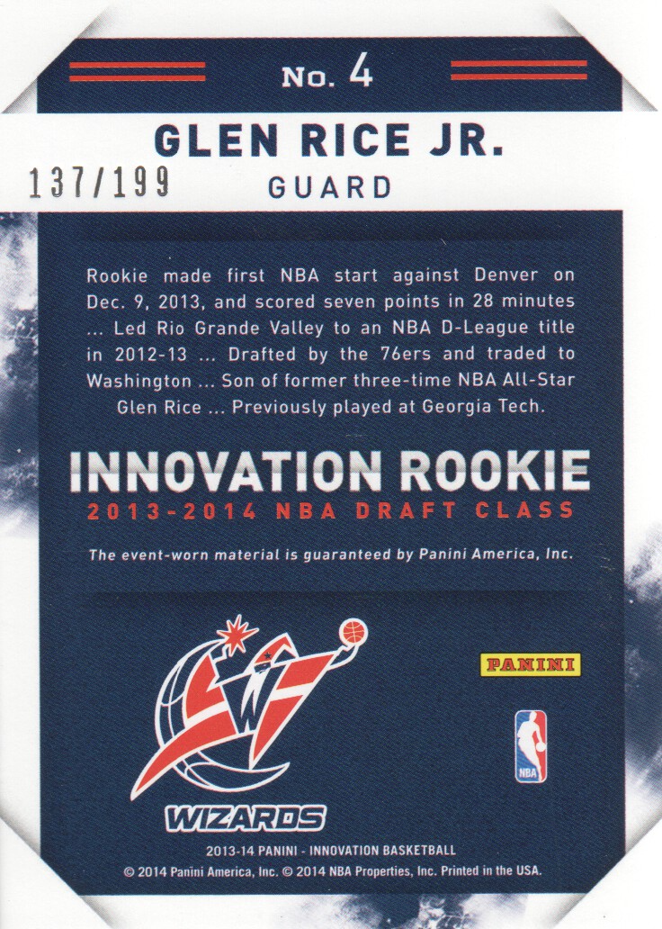 2013-14 Innovation Rookie Jumbo Jerseys #4 Glen Rice Jr. back image