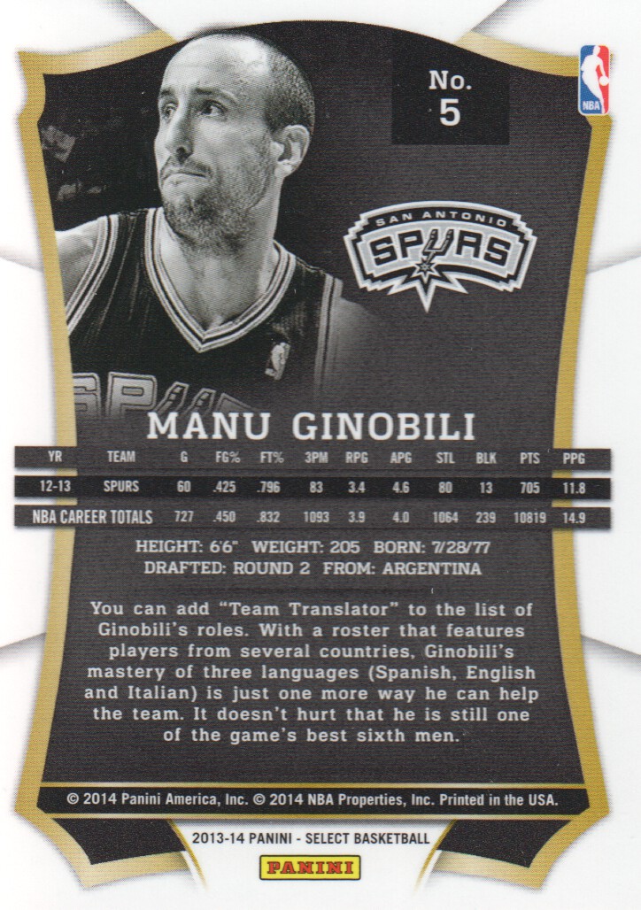 2013-14 Select #5 Manu Ginobili back image