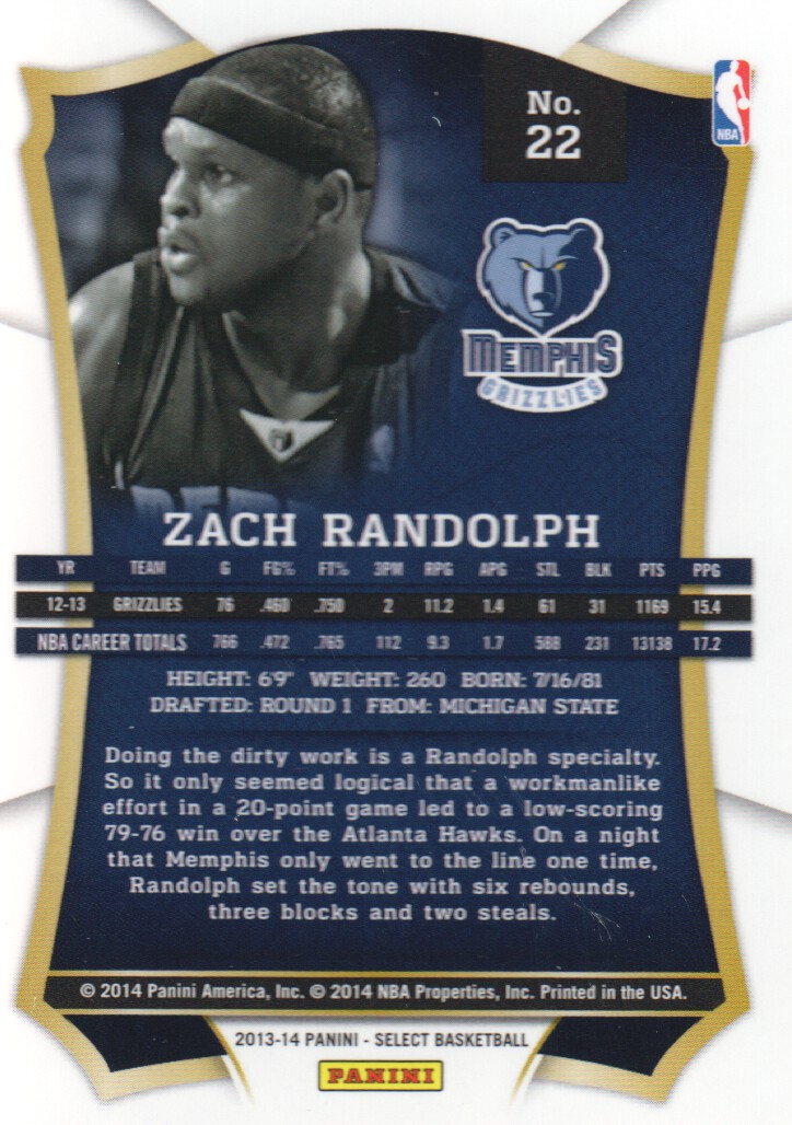 2013-14 Select #22 Zach Randolph back image
