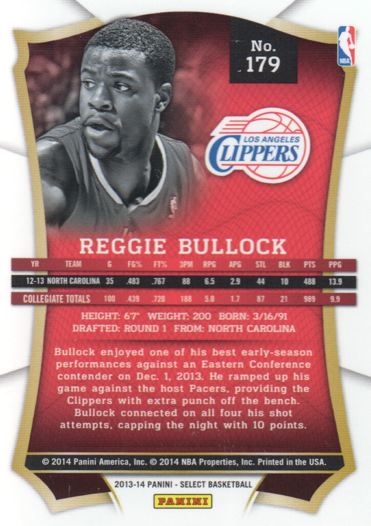 2013-14 Select #179 Reggie Bullock RC back image