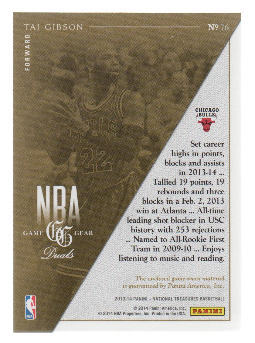 2013-14 Panini National Treasures NBA Game Gear Dual #76 Taj Gibson/99 back image