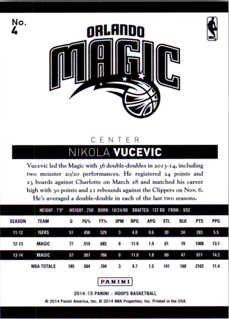 2014-15 Hoops #4 Nikola Vucevic back image