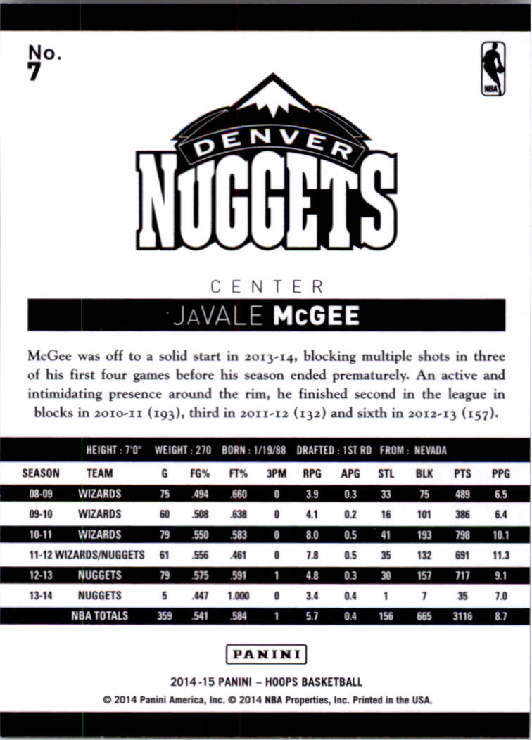 2014-15 Hoops #7 JaVale McGee back image