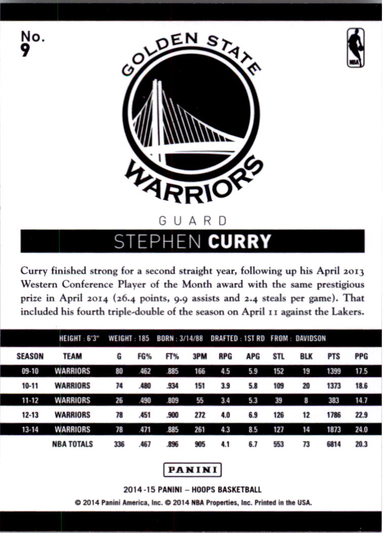 2014-15 Hoops #9 Stephen Curry back image