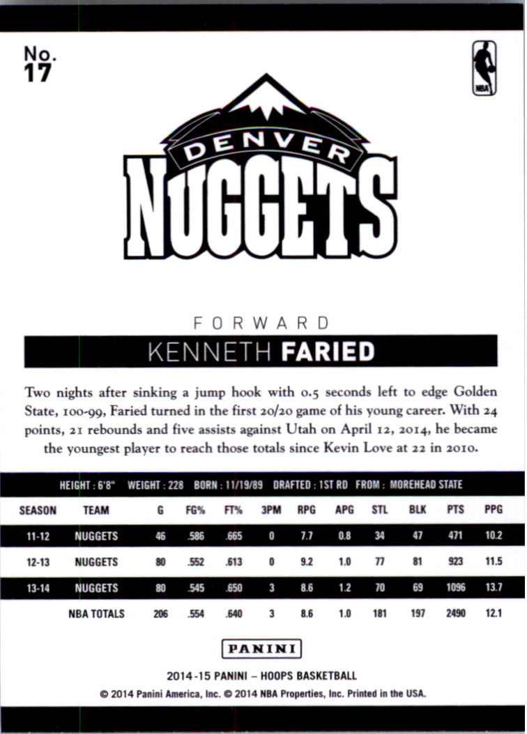 2014-15 Hoops #17 Kenneth Faried back image