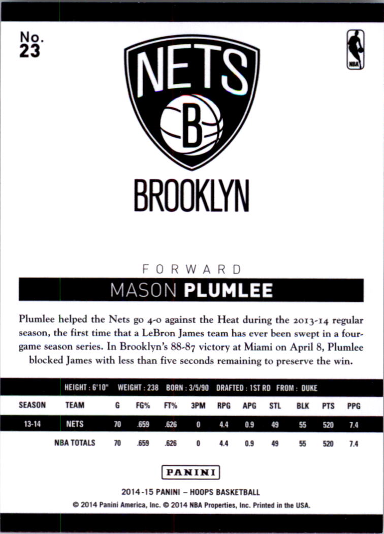 2014-15 Hoops #23 Mason Plumlee back image