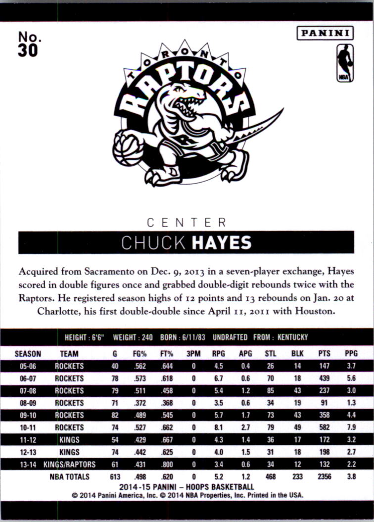 2014-15 Hoops #30 Chuck Hayes back image