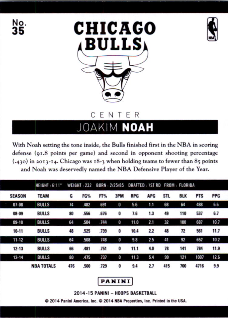 2014-15 Hoops #35 Joakim Noah back image