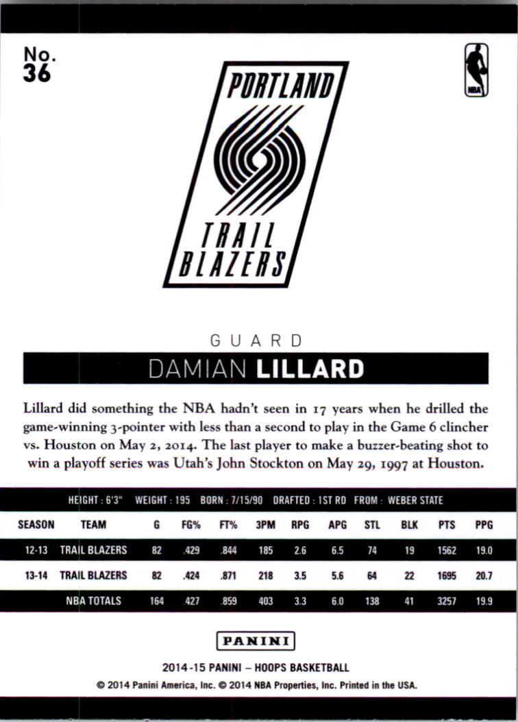 2014-15 Hoops #36 Damian Lillard back image