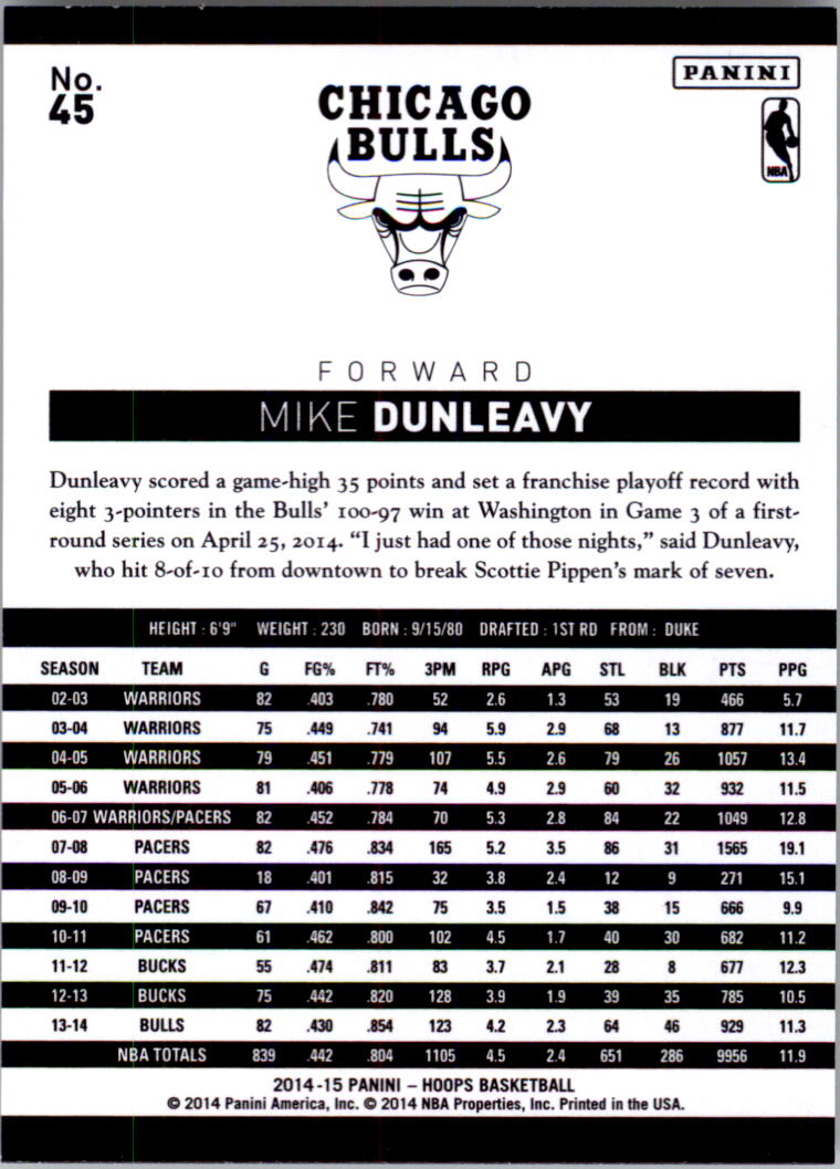 2014-15 Hoops #45 Mike Dunleavy back image