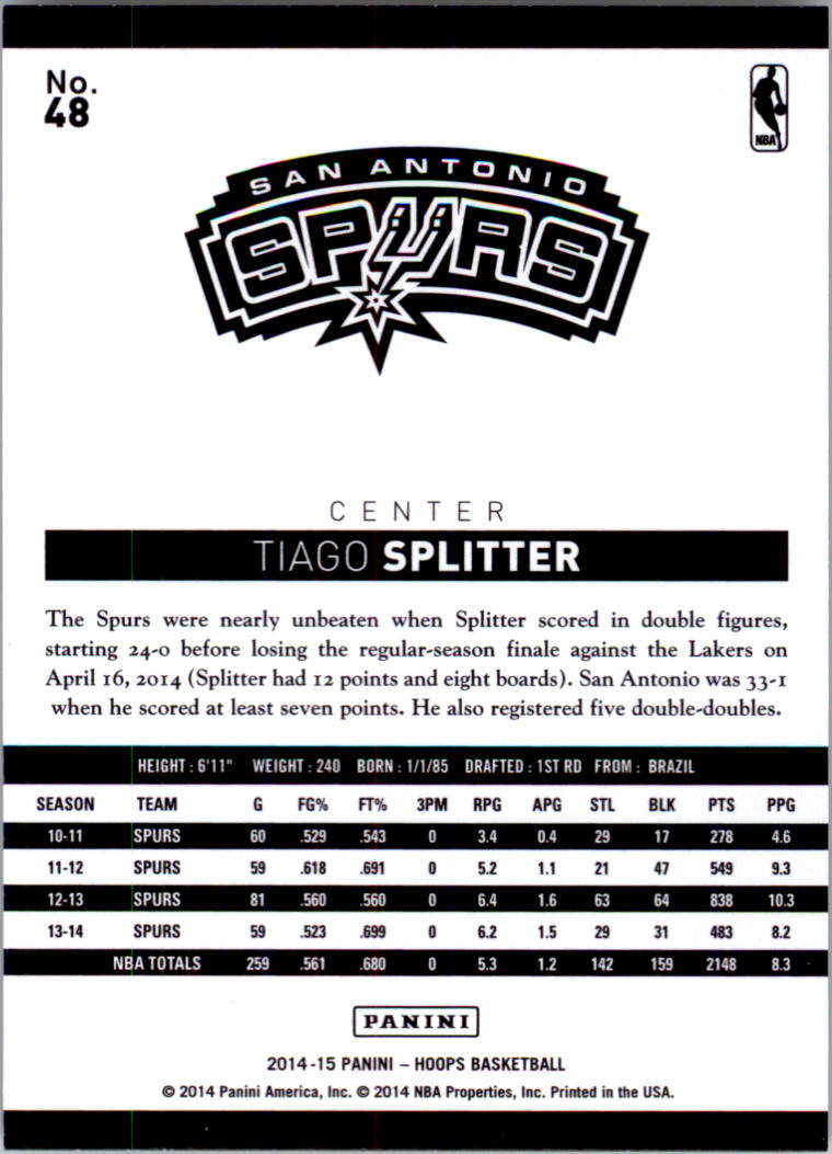 2014-15 Hoops #48 Tiago Splitter back image