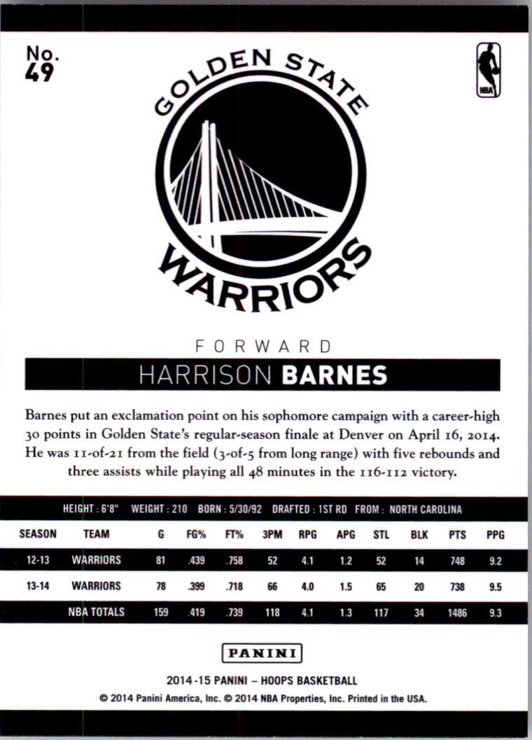 2014-15 Hoops #49 Harrison Barnes back image