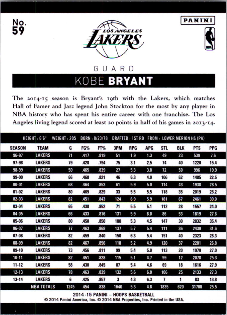 2014-15 Hoops #59 Kobe Bryant back image