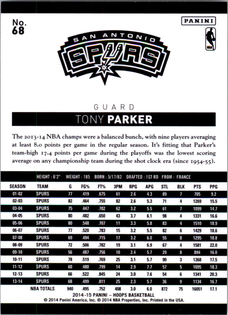 2014-15 Hoops #68 Tony Parker back image
