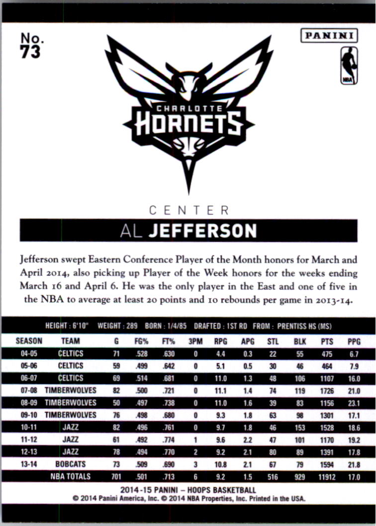 2014-15 Hoops #73 Al Jefferson back image