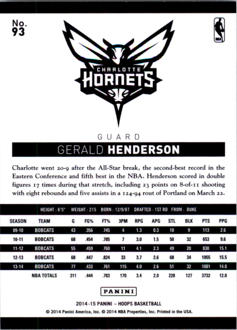 2014-15 Hoops #93 Gerald Henderson back image