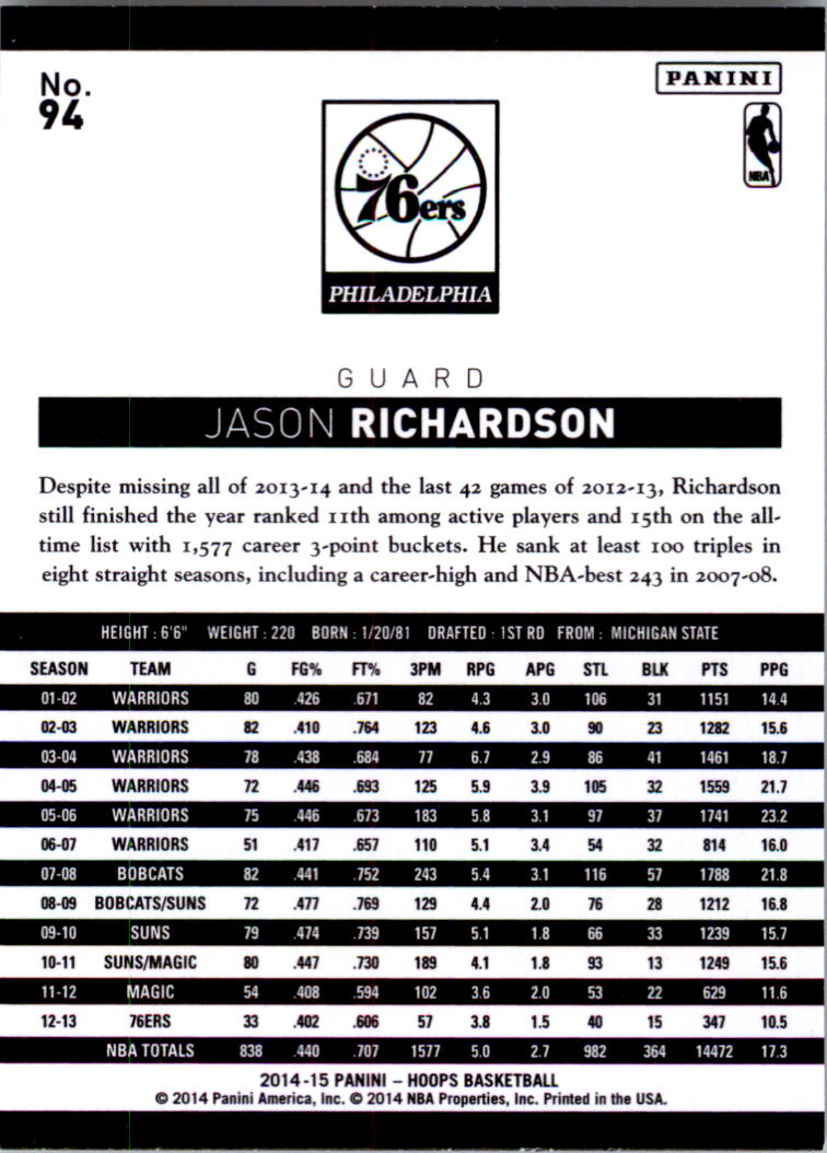2014-15 Hoops #94 Jason Richardson back image