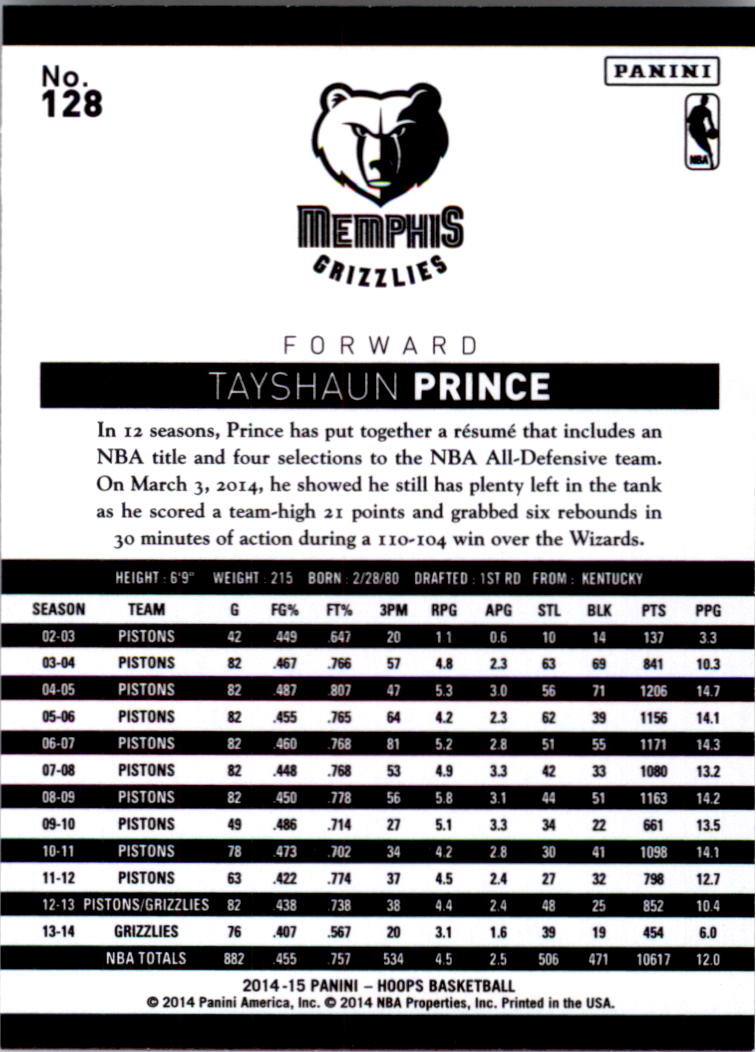 2014-15 Hoops #128 Tayshaun Prince back image