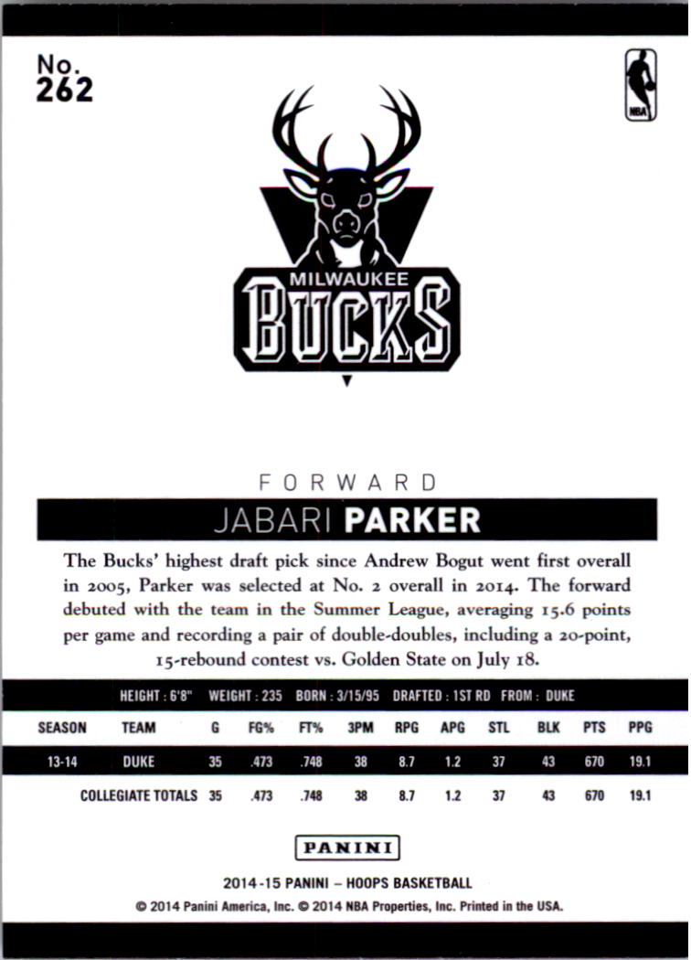 2014-15 Hoops #262 Jabari Parker RC back image