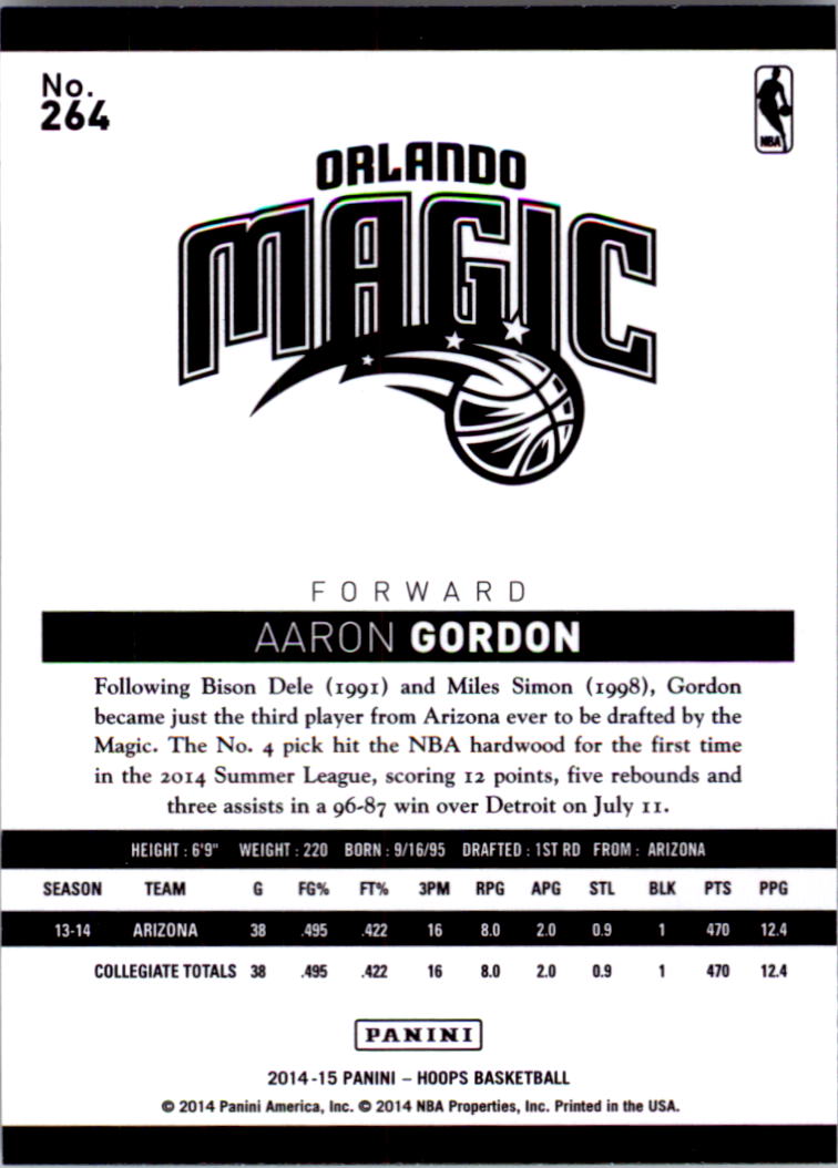 2014-15 Hoops #264 Aaron Gordon RC back image