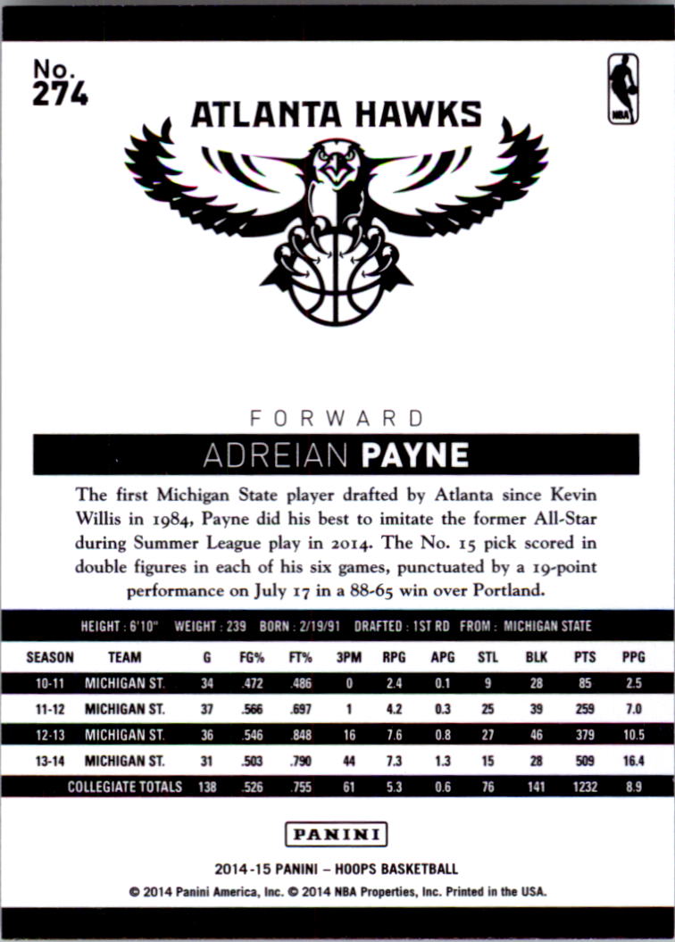 2014-15 Hoops #274 Adreian Payne RC back image